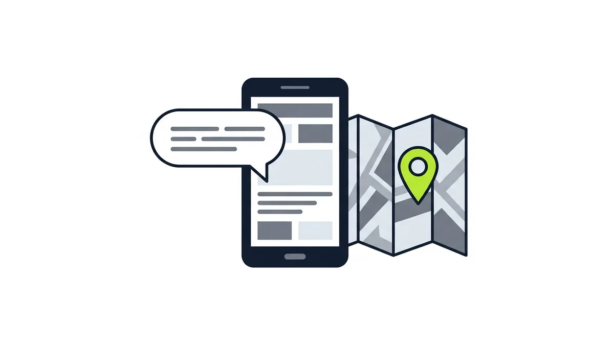 Ilustração de um celular com uma bolha de conversa ao lado de um mapa dobrado e um pino em verde, sobre fundo branco