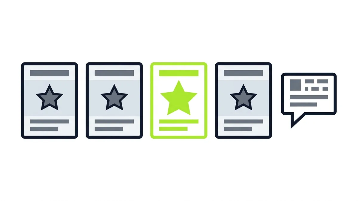 Ilustração de uma fileira de cartões de avaliação com estrelas, um deles destacado em verde, ao lado de um balão de resposta