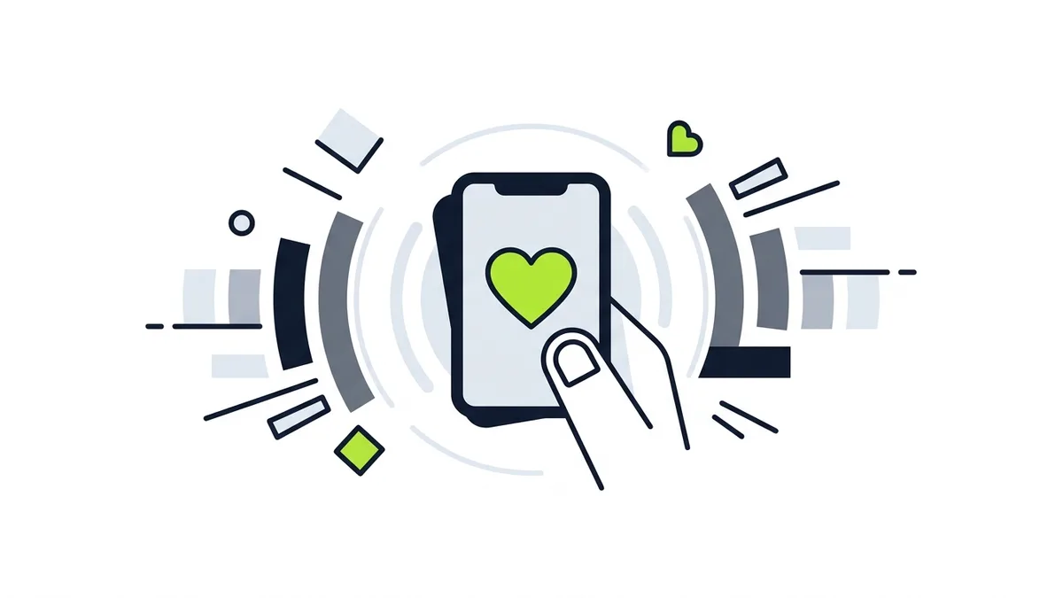 Celular com um coração verde na tela e uma mão tocando, com ondas ao redor
