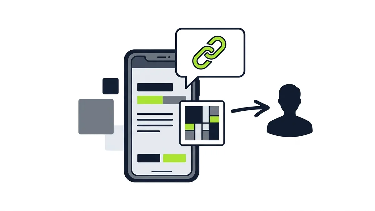 A phone with a green link icon in a speech bubble and a small square code card, with an arrow pointing to a customer silhouette