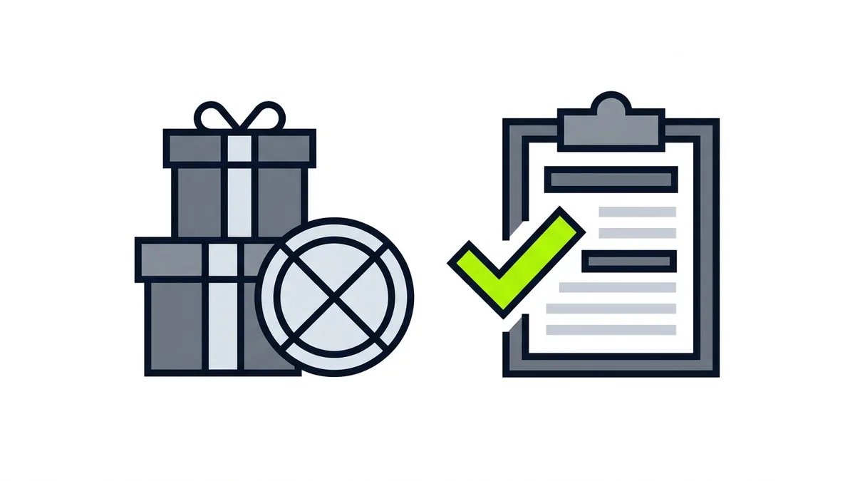 A pair of stacked gift boxes with a crossed-out circle beside a clipboard with a green check mark