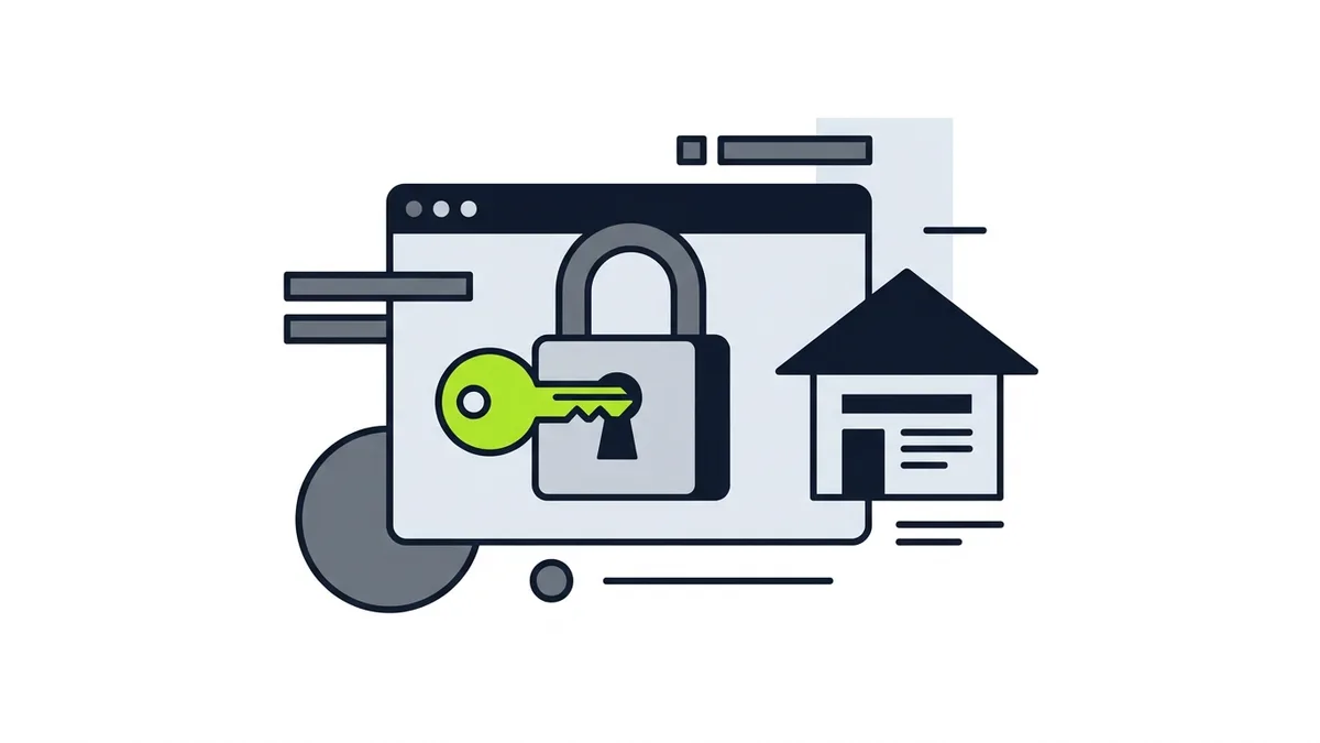 Illustration of a key turning in a padlock on a browser window, with a small house-shaped website icon beside it