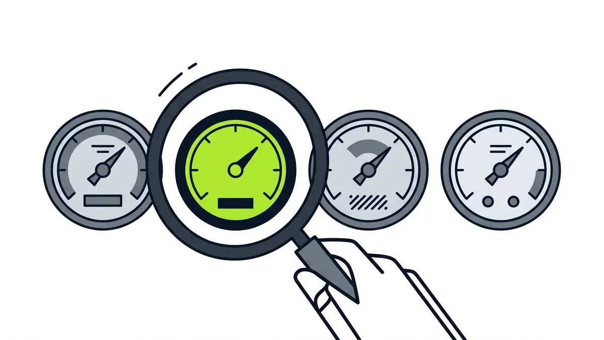 Illustration of a magnifying glass over a row of four blank gauges, one of them green