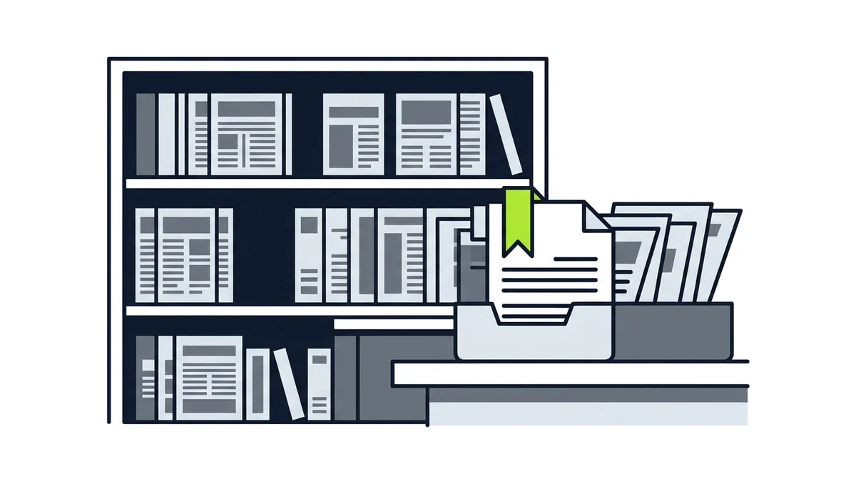 Illustration of a library shelf of blank documents, with a few in a tray beside it and a green bookmark on one