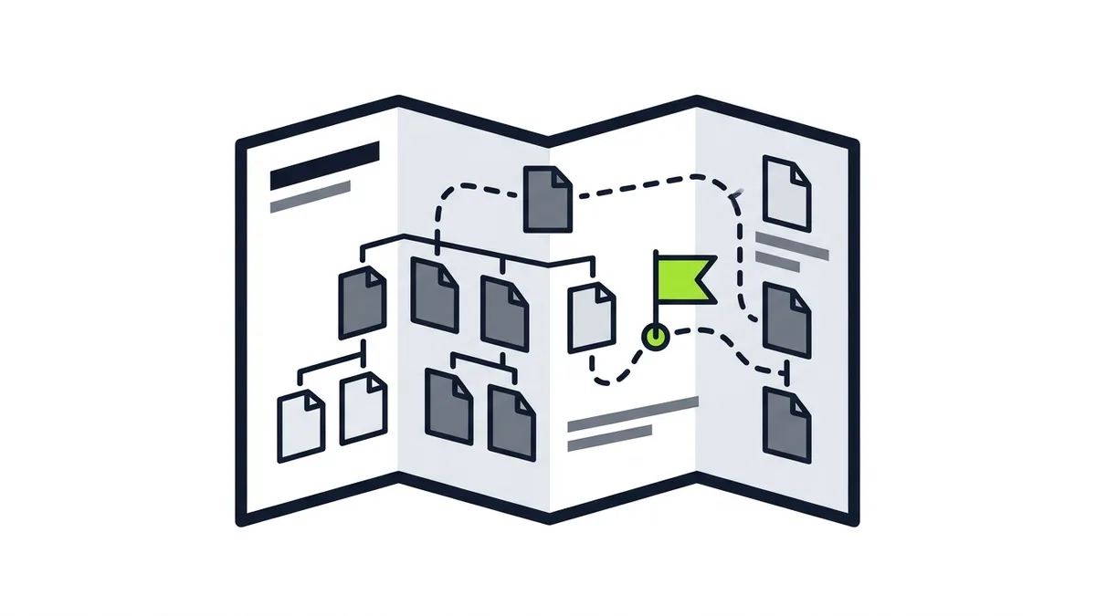 Illustration of a folded paper site map with small page icons connected by a dotted path to a green flag