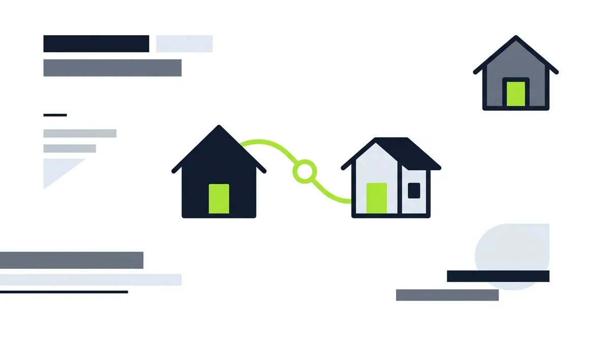 Two house icons joined by a green line with a dot in the middle, and a third house far away with no connection