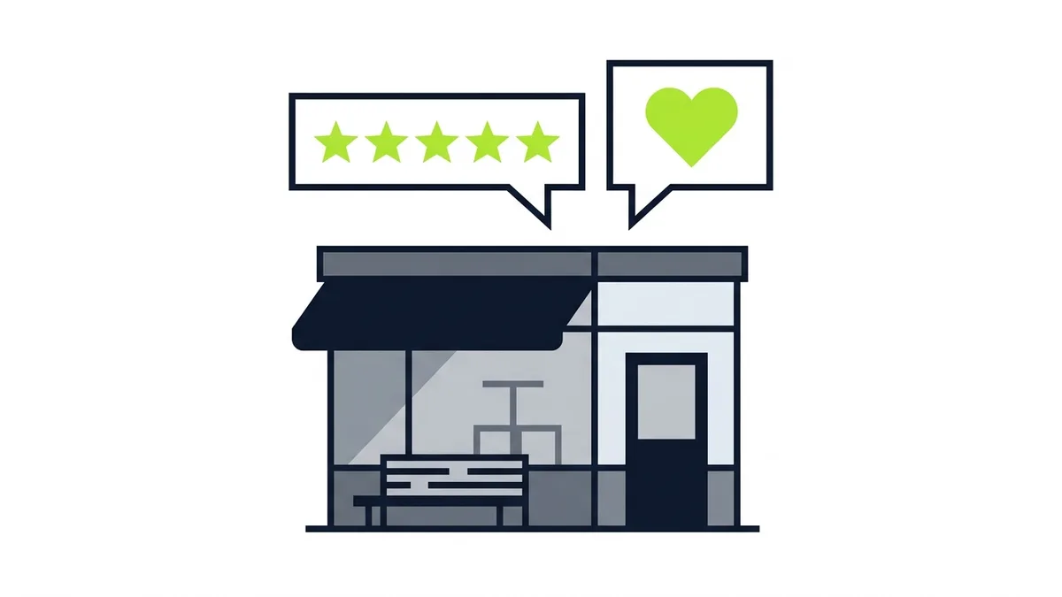 A small shop front with two speech bubbles above it, one with five green stars and one with a green heart