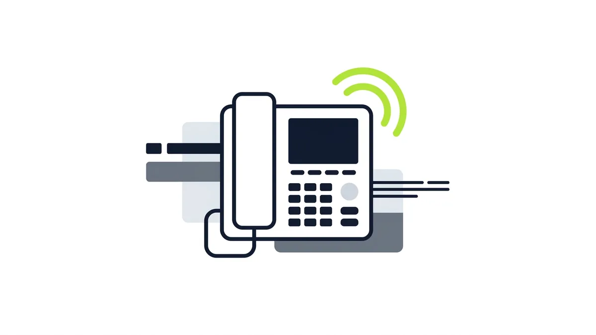 A plain desk phone with green ringing arcs and soft gray cards behind it