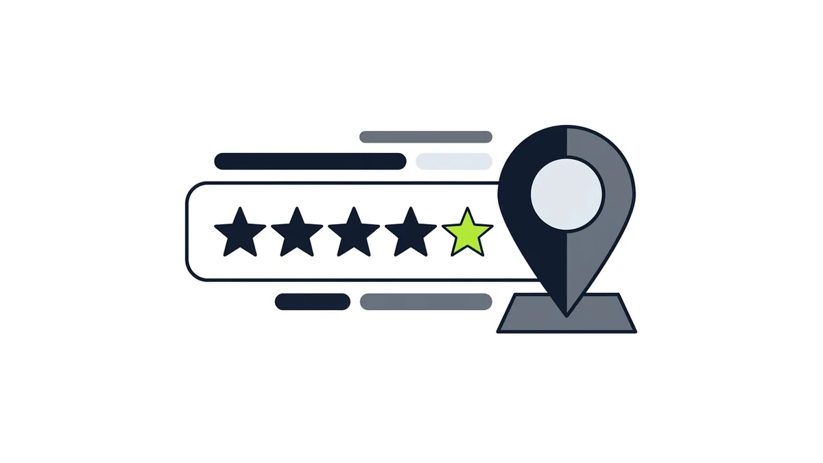 Illustration of five stars in a row with the last one in green, next to a map pin