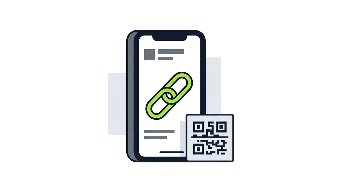 Illustration of a smartphone showing a green chain link, with a square scan code beside it