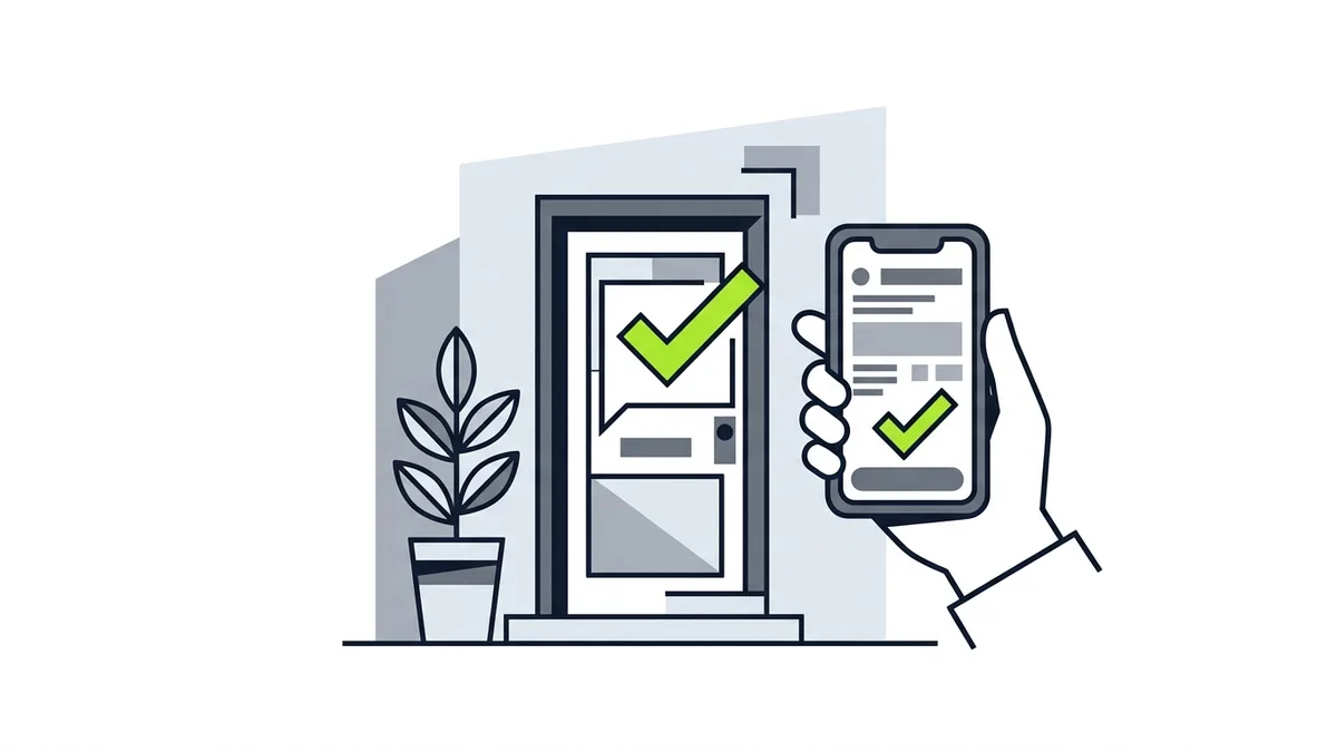 Illustration of a front door with a green check mark and a hand holding a phone