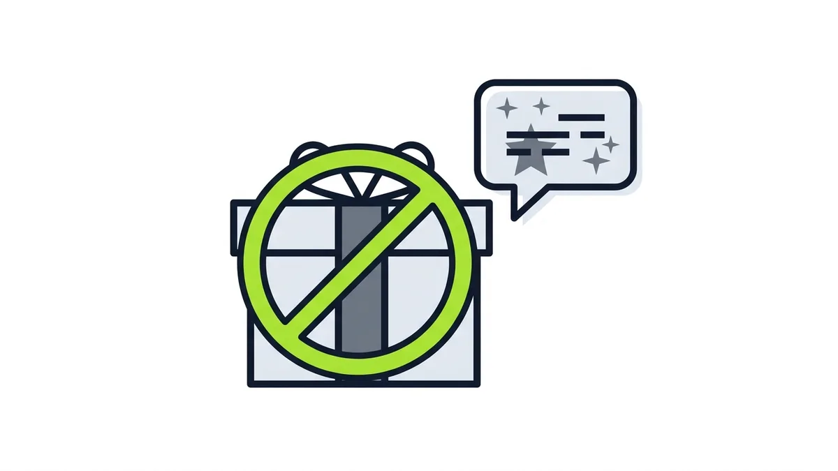 Illustration of a gift box covered by a green prohibition symbol, next to a review speech bubble