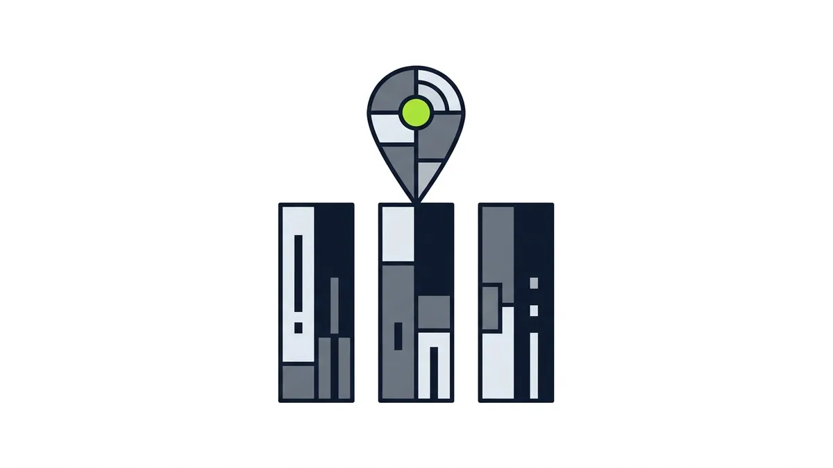 Illustration of three pillars of equal height holding up a single map pin with a green center