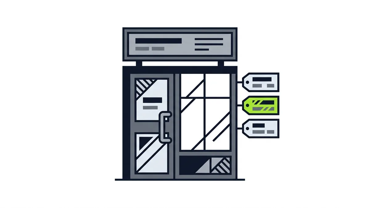 Illustration of a shop door with a clear signboard and three tags, one highlighted in green
