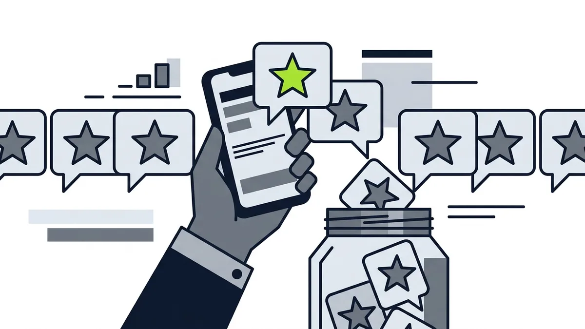 Illustration of speech bubbles with stars being collected into a jar, one green star on top, and a hand holding a phone