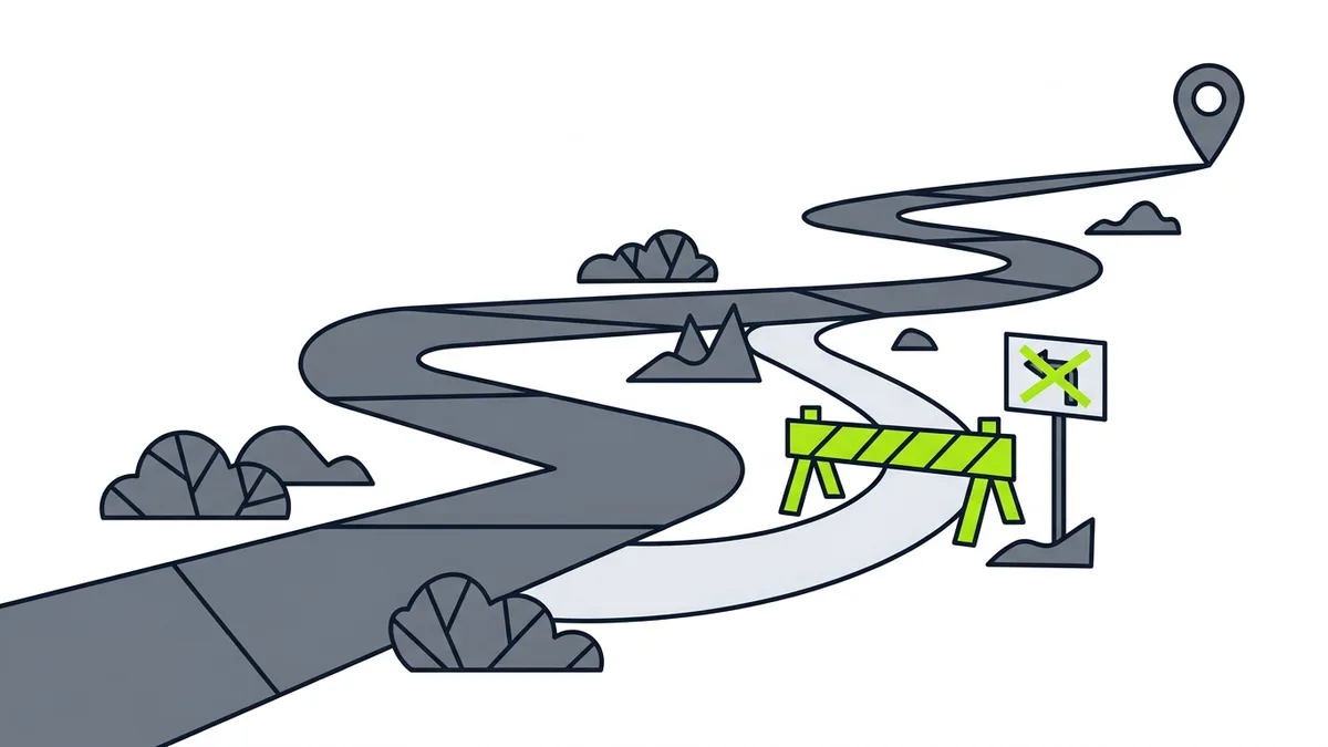 Illustration of a long winding road to a map pin with a shortcut blocked by a green barrier