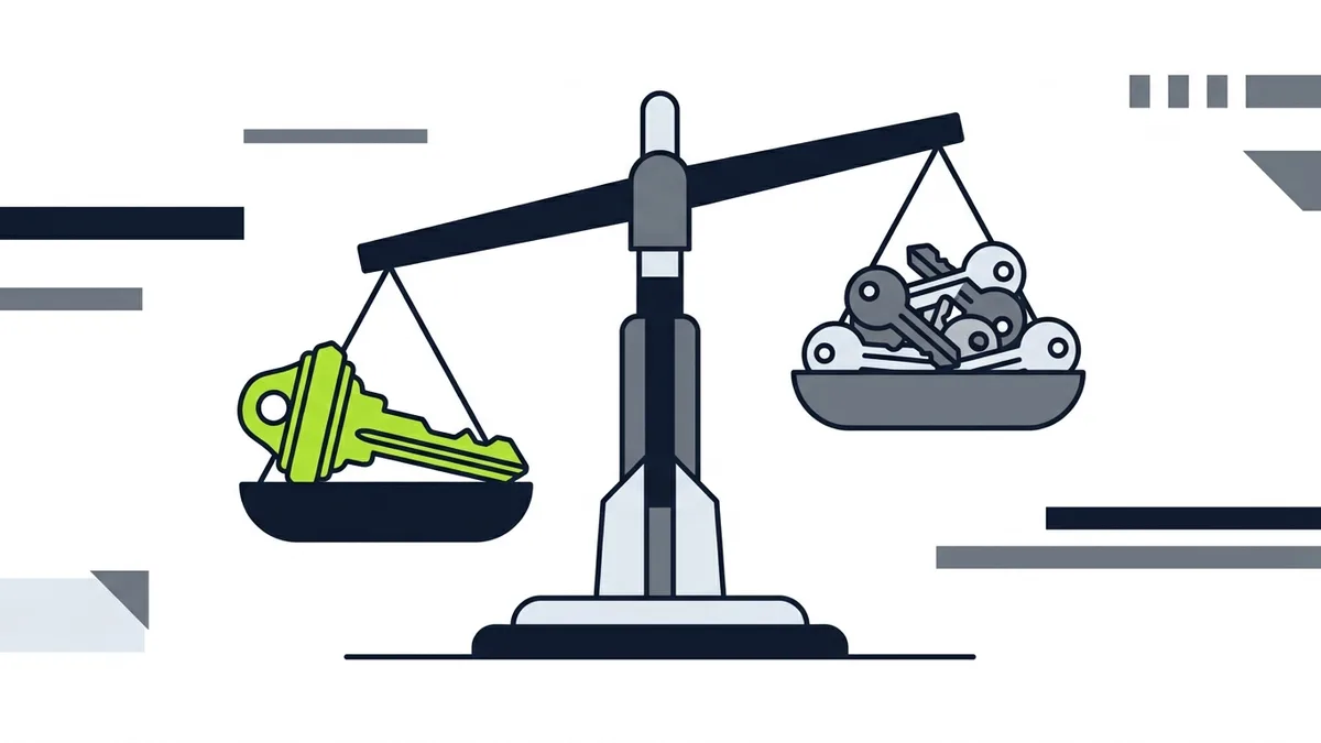 Illustration of a scale weighing one large house key against a pile of small loose keys, representing quality versus volume