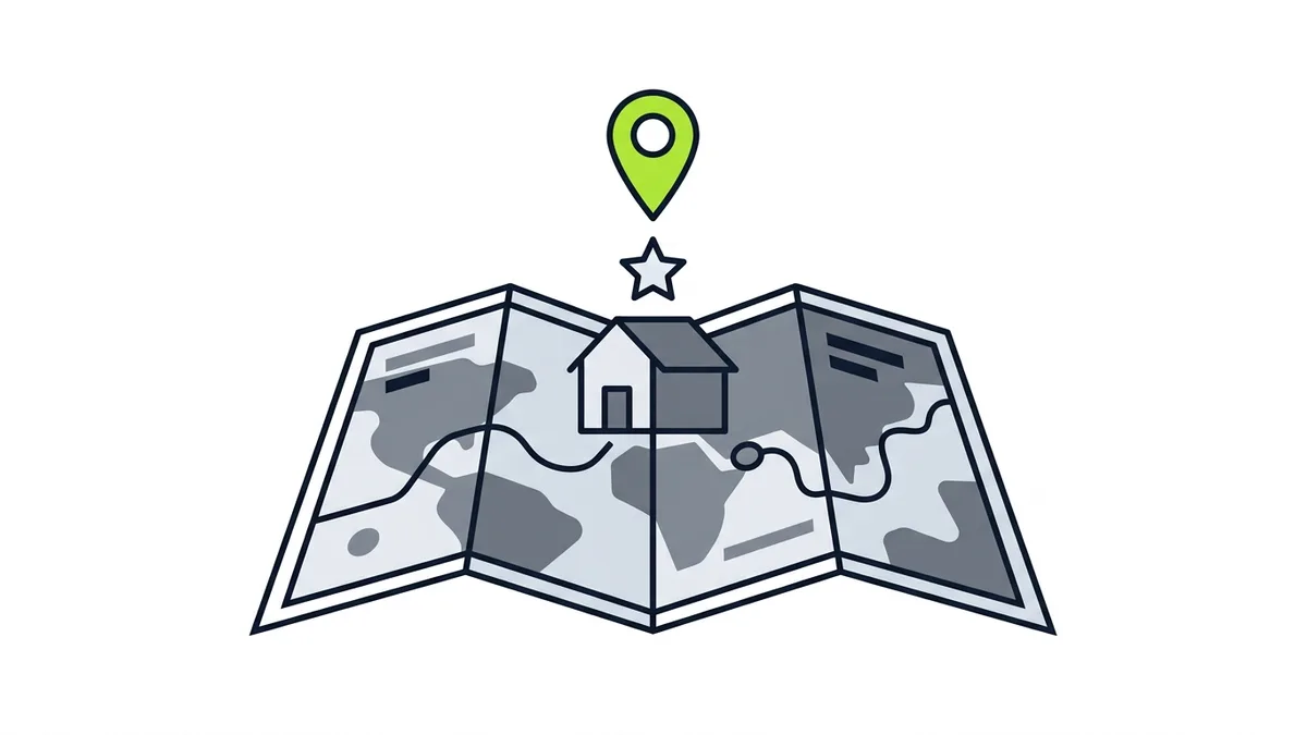 Illustration of a map with a location pin above a small house and a star, representing a local business listing