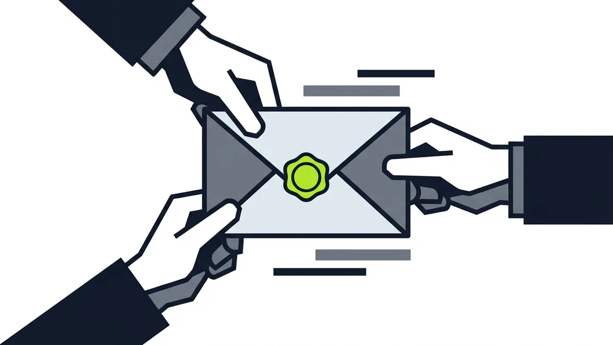 Illustration of one envelope being pulled apart by several hands, representing a shared lead sold to many contractors