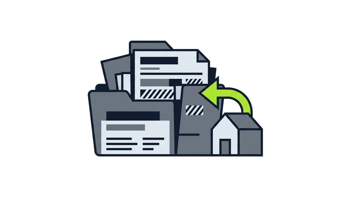 Illustration of a stack of old project folders with a green arrow pointing back toward a house, representing past customers returning