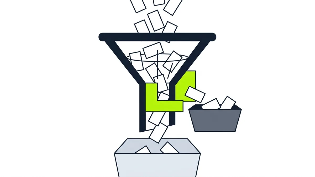 Illustration of a funnel catching blank cards, with a green gate pushing some cards aside into a separate tray