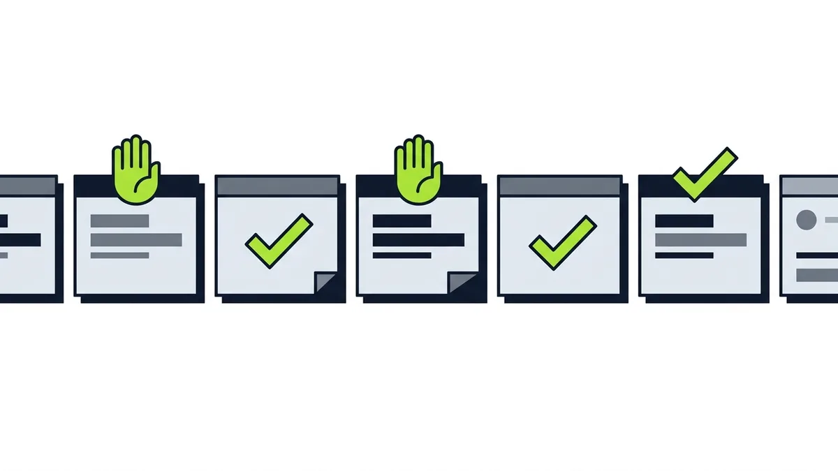Illustration of a row of note cards, some topped with a green stop hand and others marked with a green check