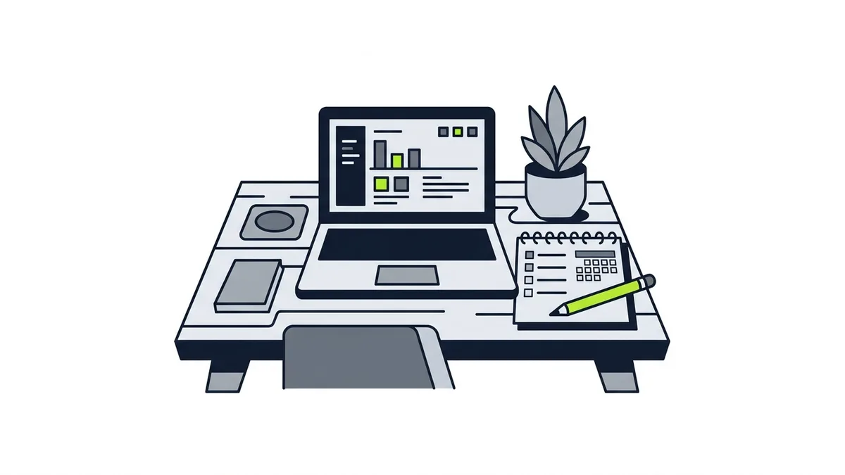 Illustration of a desk with a laptop, a checklist notebook with a small calendar and a green pencil
