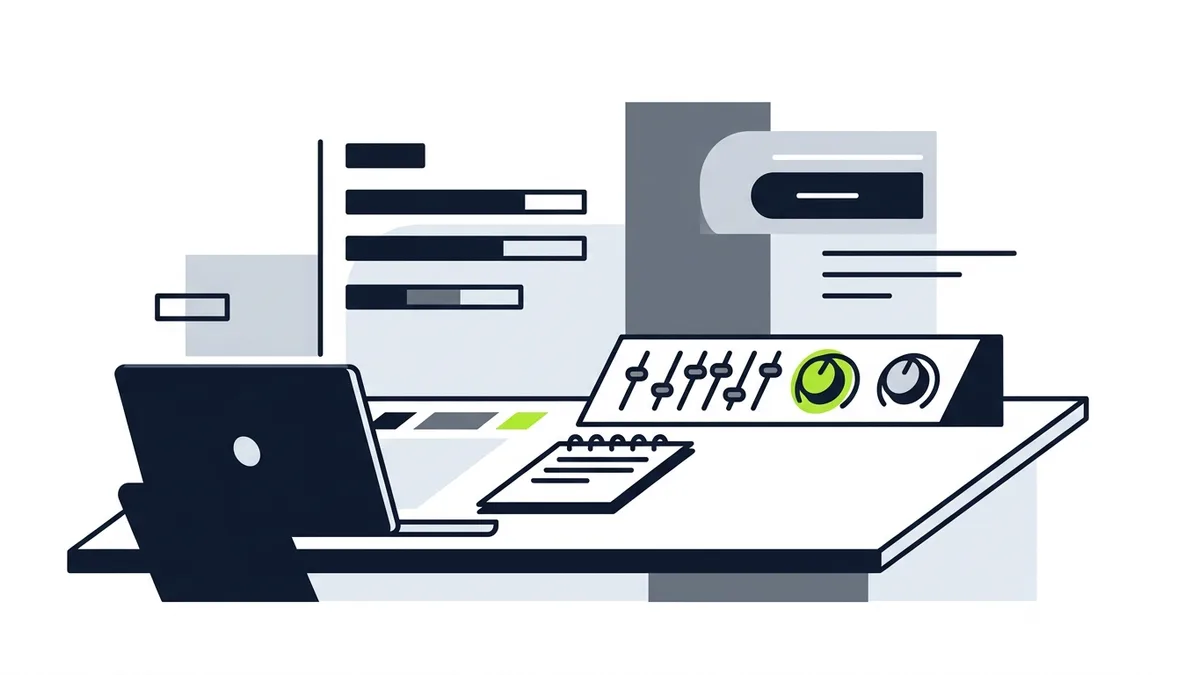 Ilustração de uma mesa com notebook, caderno e um painel de controle com controles deslizantes e botões, um deles destacado em verde