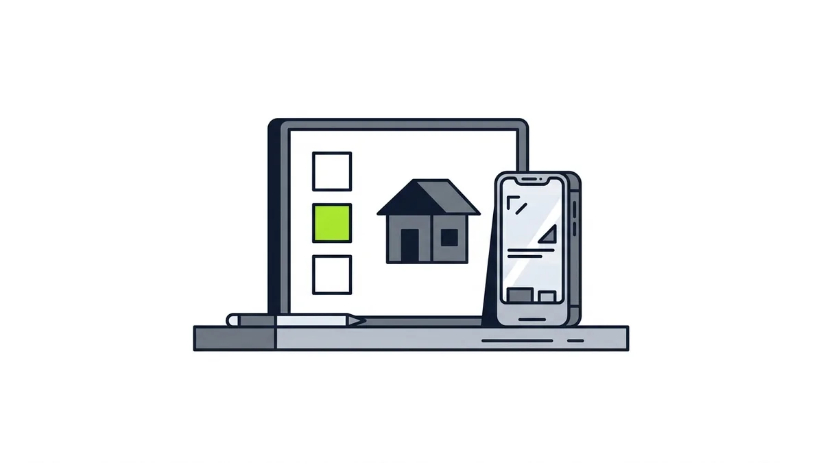 Um quadro de checklist com três caixas, uma verde, ao lado de uma casinha e de um celular