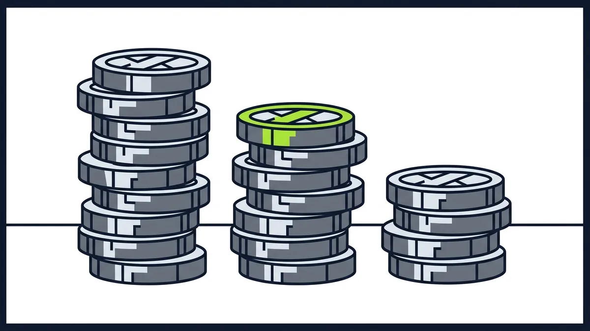 Ilustração de três pilhas de moedas de alturas diferentes lado a lado, com a pilha do meio marcada em verde
