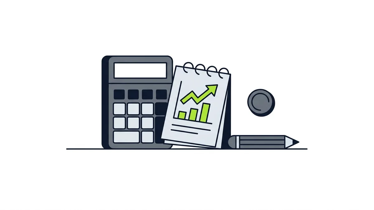 Ilustração de uma calculadora com visor vazio ao lado de um caderno com seta ascendente em verde, uma moeda e um lápis