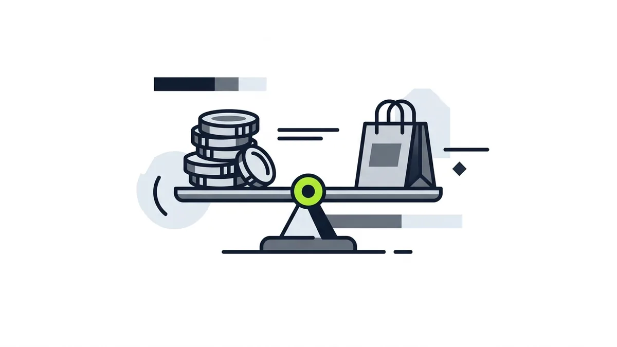 Ilustração de uma balança em equilíbrio com uma pilha de moedas de um lado e uma sacola de compras do outro, o eixo em verde