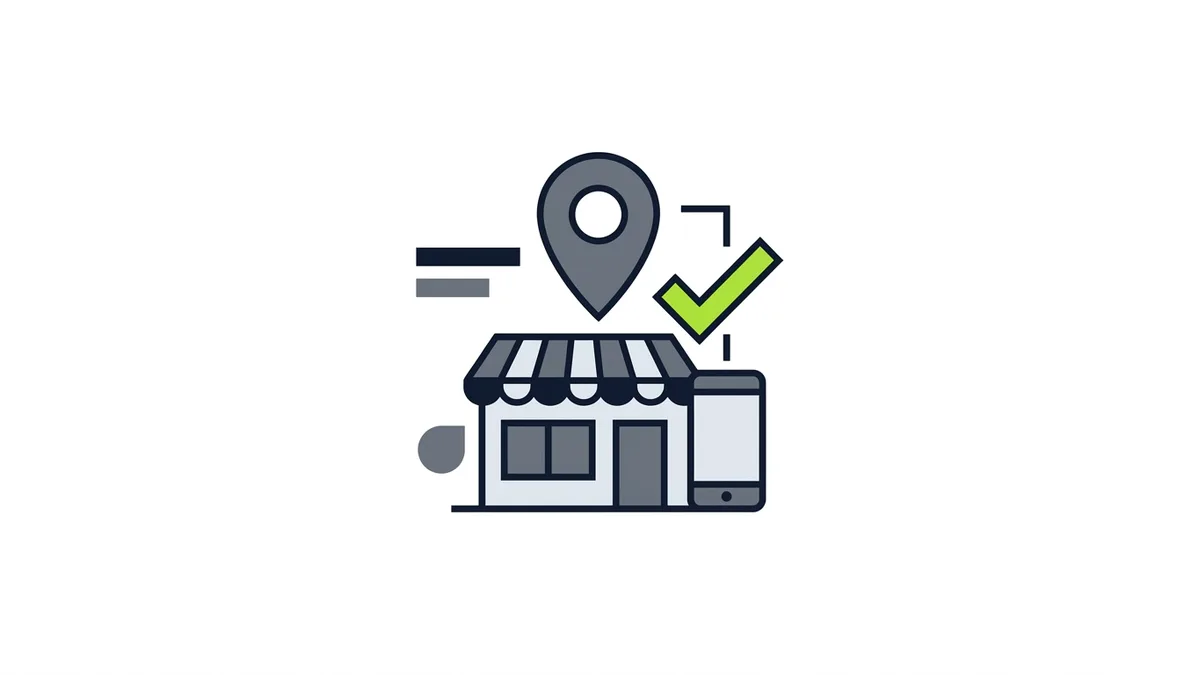 Illustration of a small restaurant storefront with an awning, a map pin above it, a phone beside it and a green checkmark