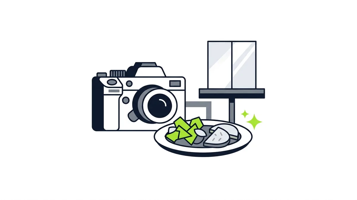 Illustration of a camera next to a plate of food and a small table by a window, with green sparkles