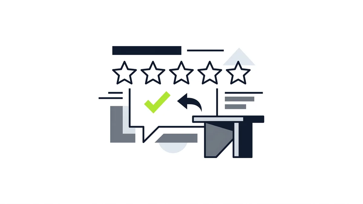 Illustration of five empty stars above a speech bubble with a green checkmark and a reply arrow, next to a small table