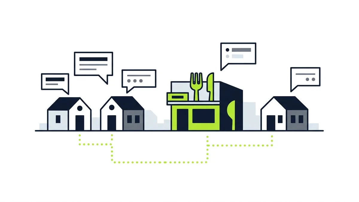 Illustration of three houses and a restaurant on one street, joined by a green dotted line and speech bubbles
