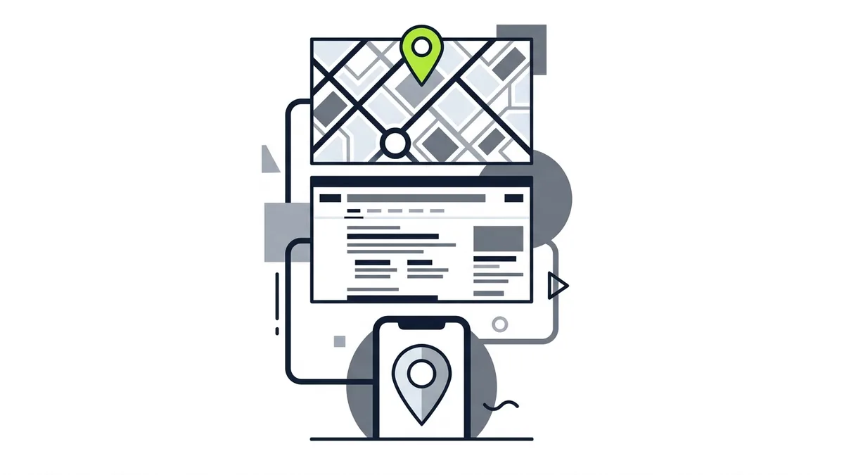 Três painéis empilhados: um mapa com pino verde, uma lista de resultados de busca e um celular com um pino de localização