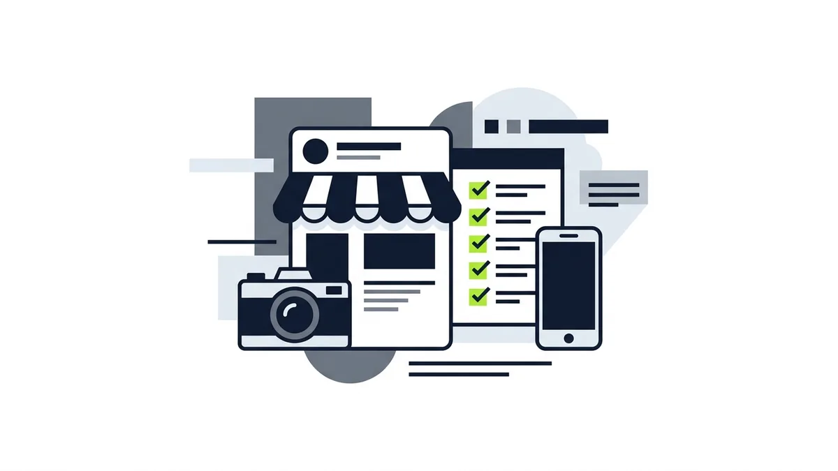Uma fachada de loja com toldo, uma lista com marcas de verificação, uma câmera e um celular, representando um perfil completo