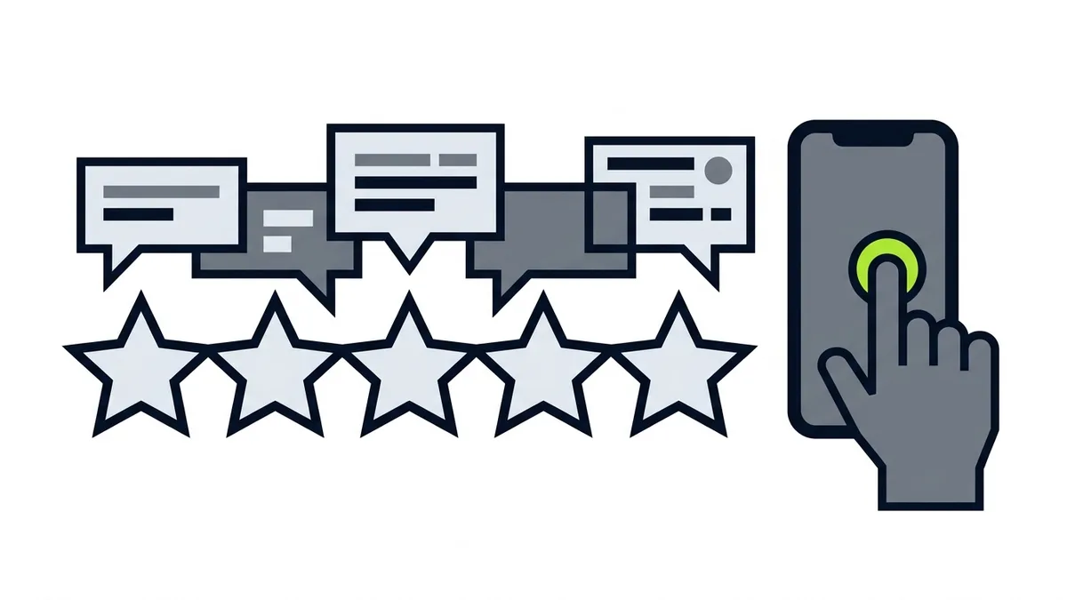Cinco estrelas, balões de comentário e uma mão tocando a tela de um celular, representando avaliações de clientes