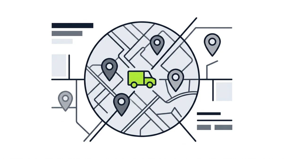 Mapa simplificado com pinos de bairros dentro de um círculo, uma van verde no centro e um pino cinza fora do círculo