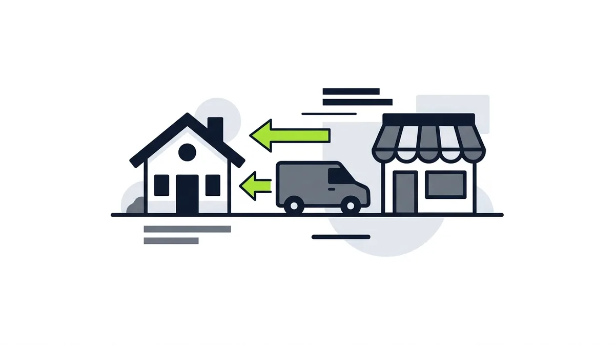 Illustration of a house and a storefront with a van between them and green arrows pointing toward the house