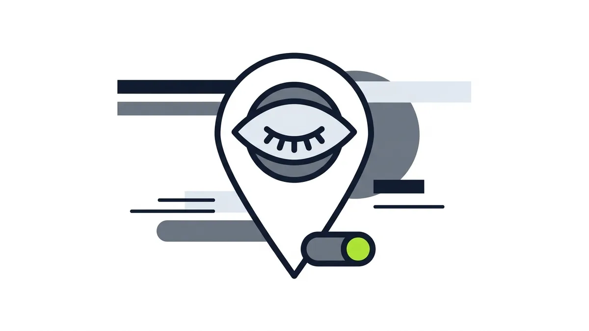 Illustration of a map pin with a closed eye symbol and a small toggle switch turned on in green
