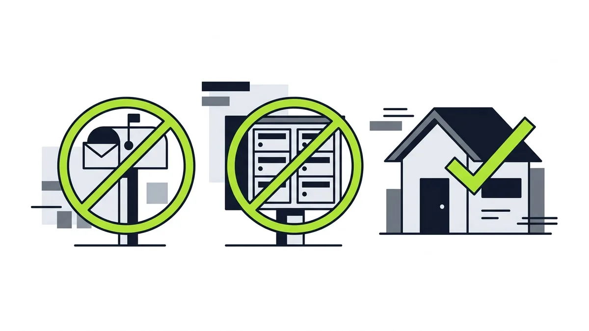 Illustration of a mailbox and a mail slot cabinet each crossed out by a green prohibition symbol, next to a house with a green check mark