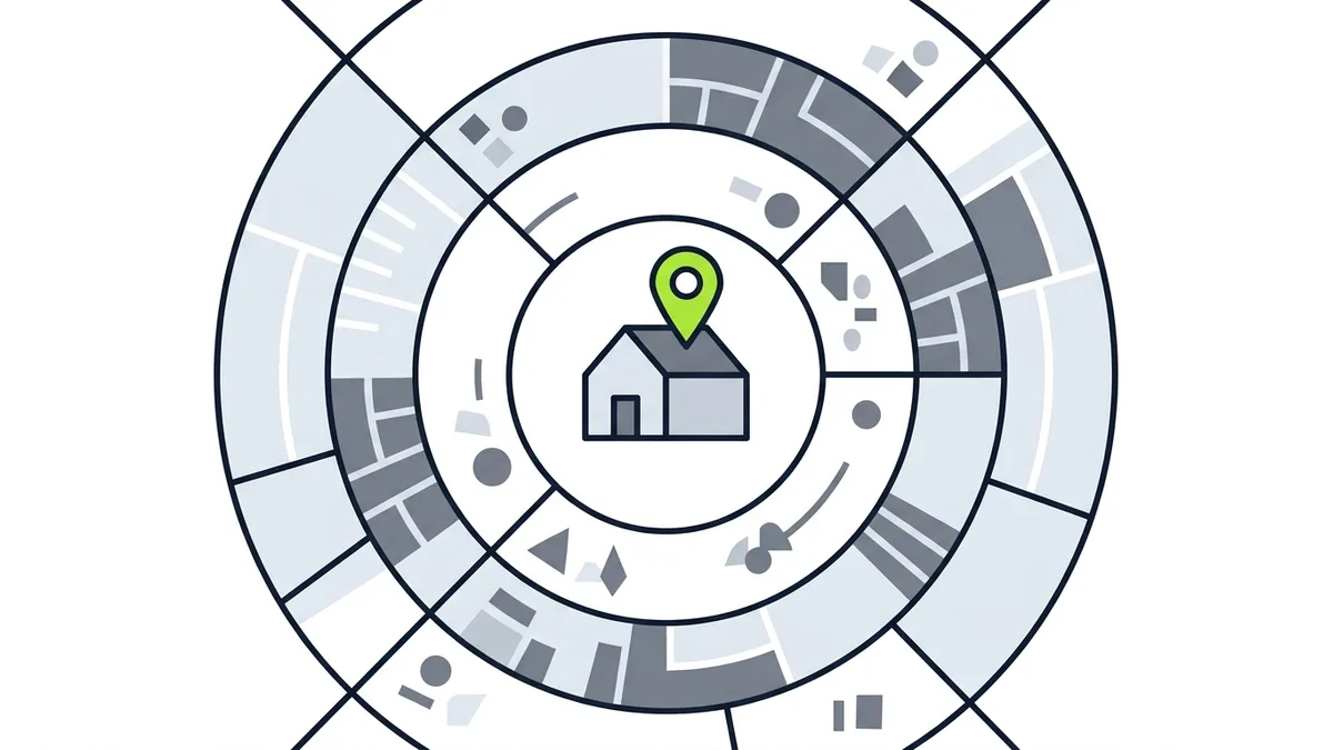 Illustration of a house with a green pin at the center of three rings representing nearby towns