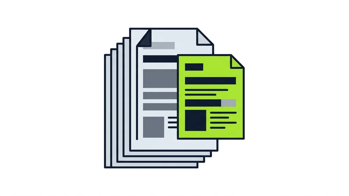 Illustration of a stack of identical sheets of paper with one sheet pulled out and highlighted in green