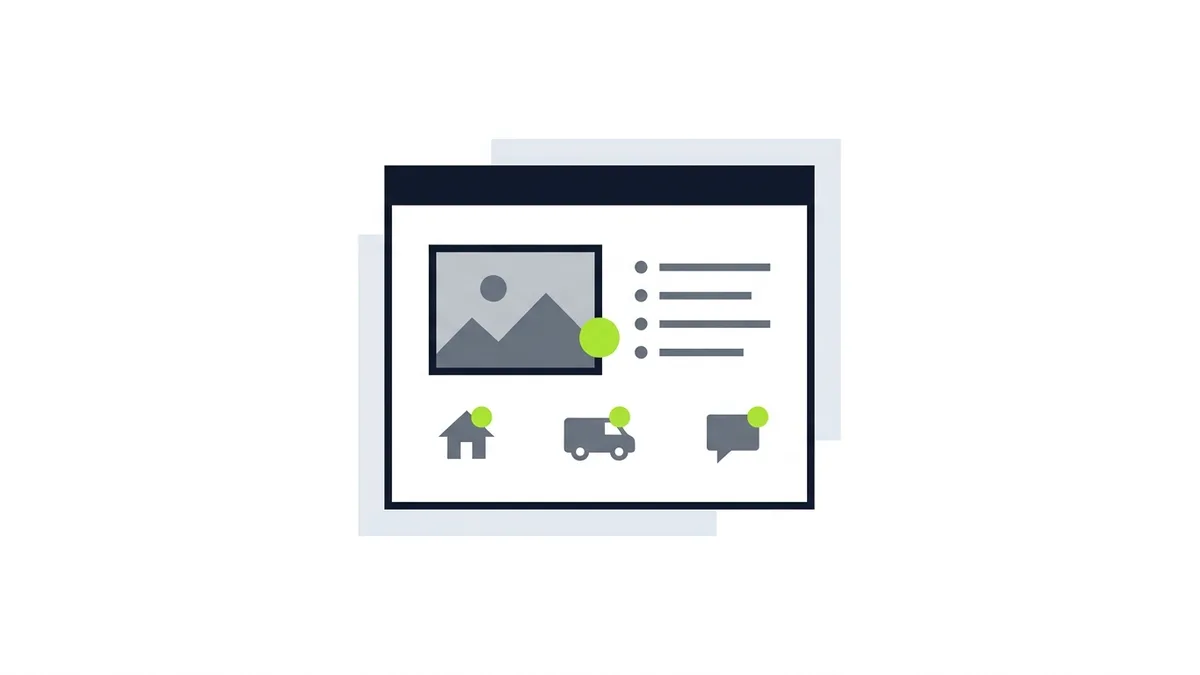 Illustration of a web page layout with a photo block, bullet lines and three small icons, each marked with a green dot