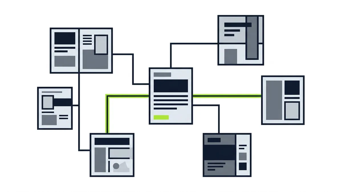 Illustration of a central page block connected by lines to several smaller page blocks that each have a different layout