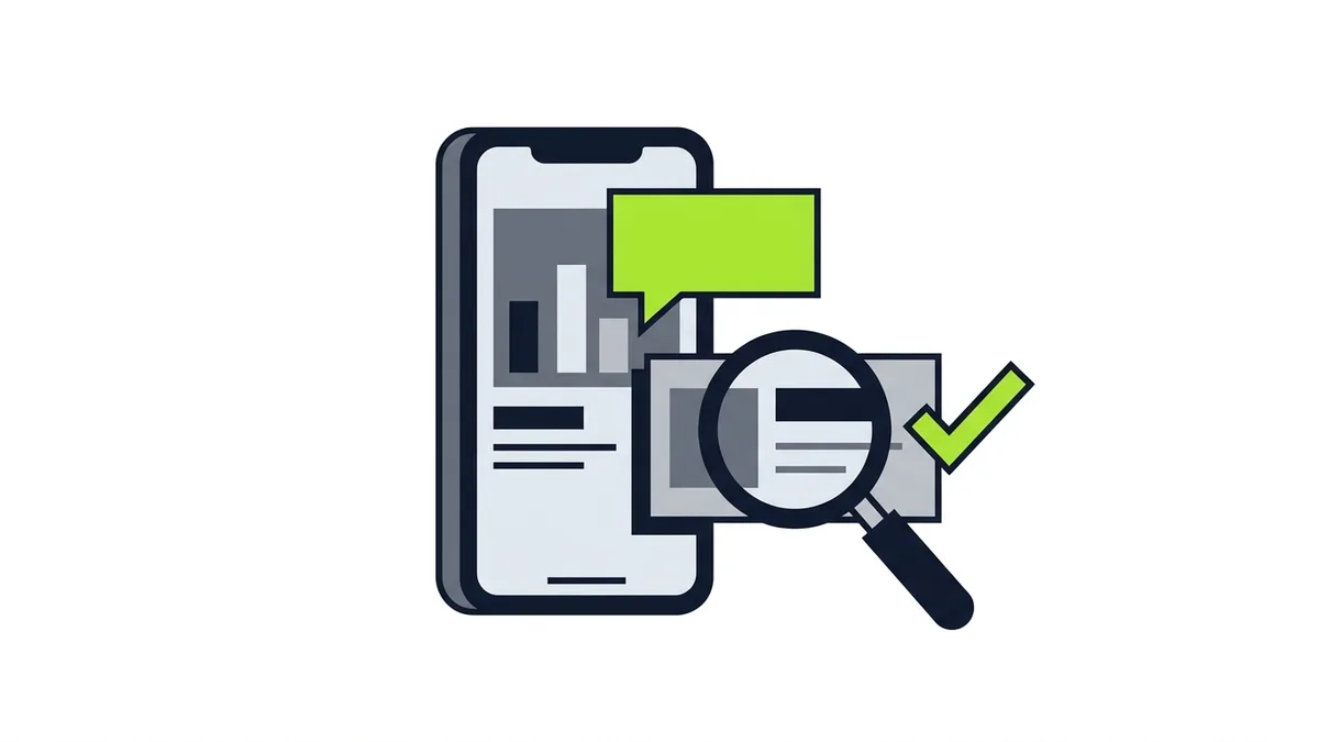 Illustration of a phone with a recommendation bubble and a magnifying glass checking a business card with a green check mark