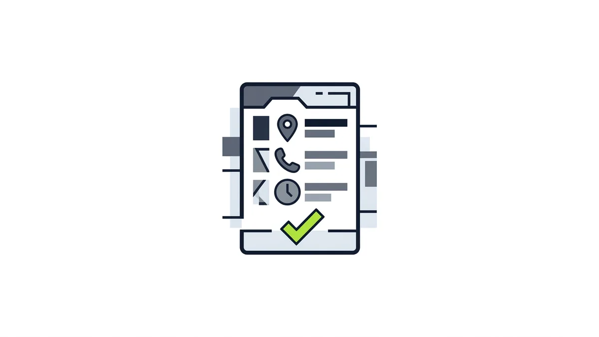 Illustration of a business profile card with a map pin, phone and clock icons lined up and a green check mark
