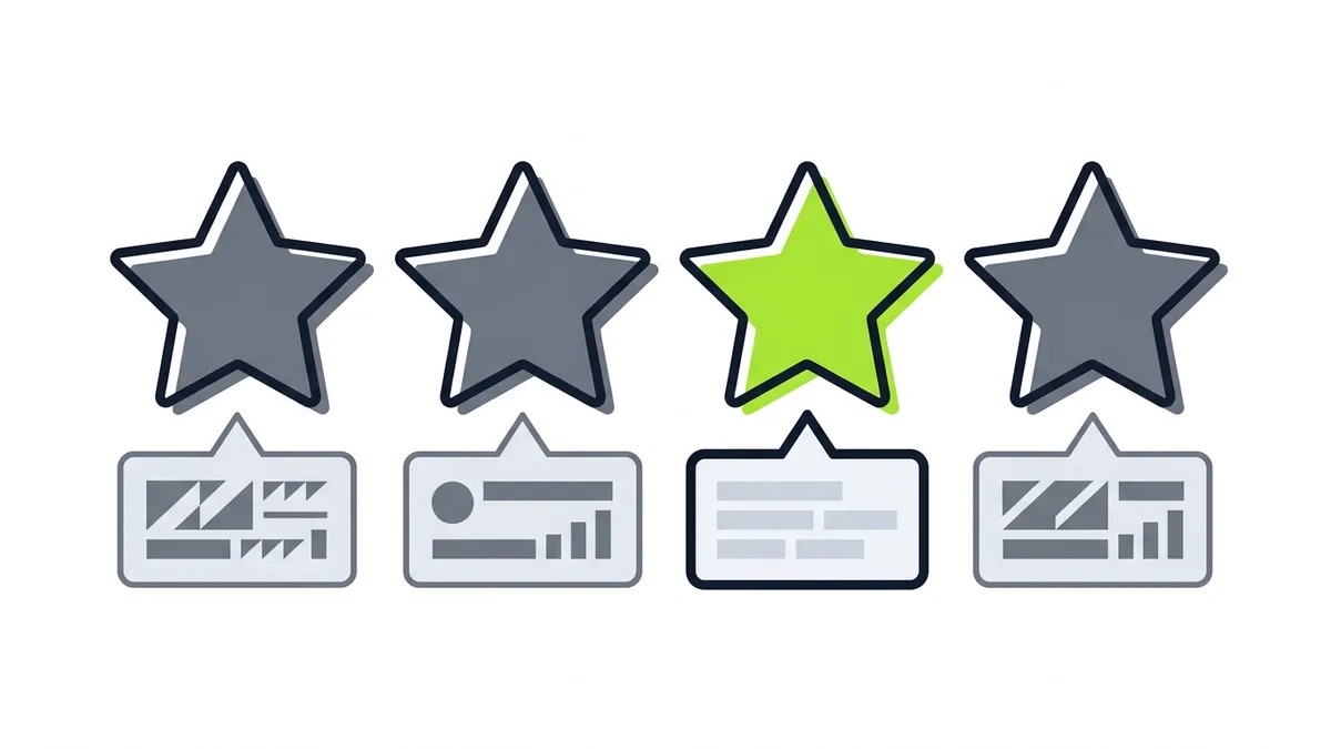 Illustration of a row of star cards with reply bubbles beneath them and one green star highlighted